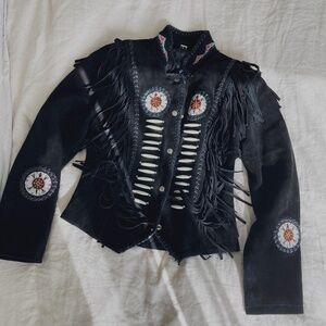 INSANE Vintage Fringe Beaded Black Leather Whipstitch Boho Jacket S